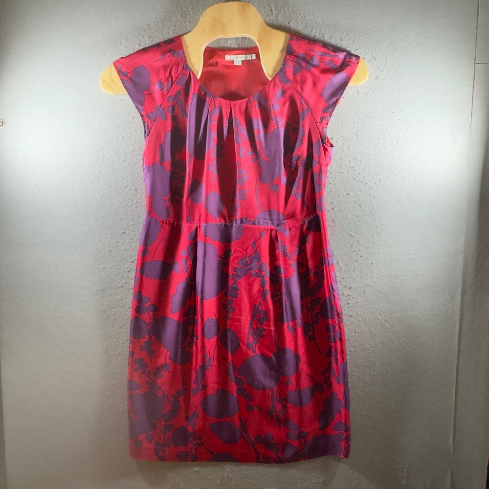 3014 | Boden Floral Silk Cap Sleeve Sheath Dress Red Purple Womens 12R